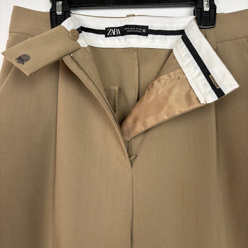 ZARA Womens Wide Leg Culottes Palazzo Trousers M Brown Pleated High Waist Office - Picture 4 of 14